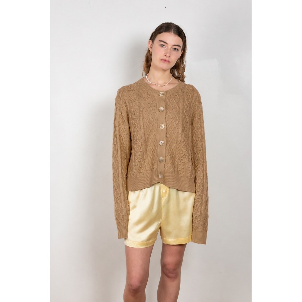 LOULOU STUDIO Vilm Cardigan Silk Linen Cable Knit Button Front Tan Brown Medium